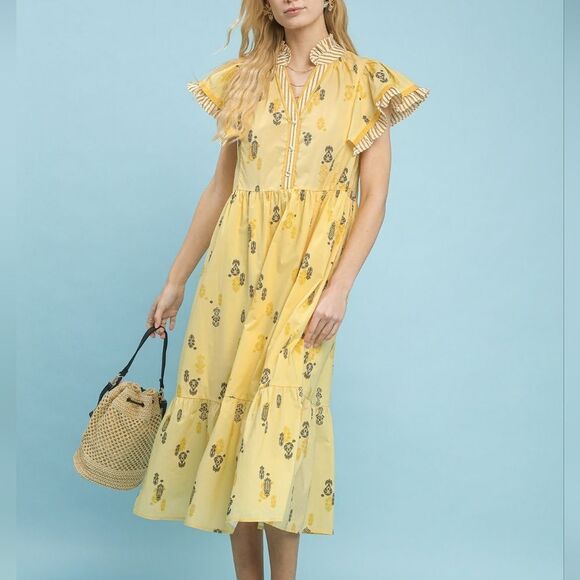Umgee Floral Ruffle Sleeve Tiered Midi Yellow Bohemian Spring Dress Sz Small - Picture 2 of 7